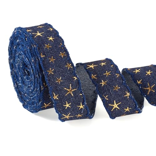 Boutigem 2,5 cm Nachtblau Goldfolie Stern Denim Band 3D Stern Gold Stamping Denim Stoffband Nähen Handwerk Band Dekorative Jeans Stoff Band für Bowknot Haarspangen Kleidung Zubehör von Boutigem