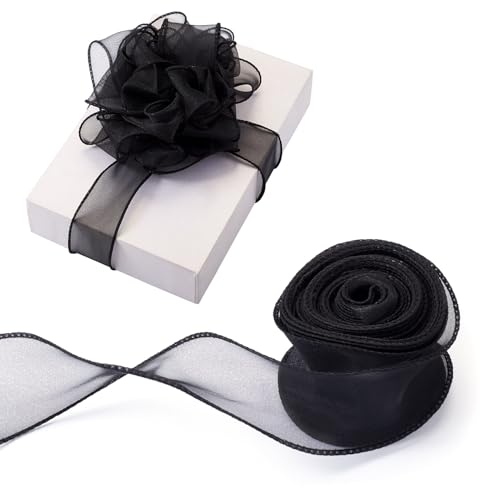 Boutigem 2 Rollen durchscheinendes Organzaband mit Draht, 40 mm, Polyester-Chiffonband für selbstgemachte Schleifen, Blumensträuße, Kränze, Geschenkverpackungen, Blumendekoration, Schwarz von Boutigem