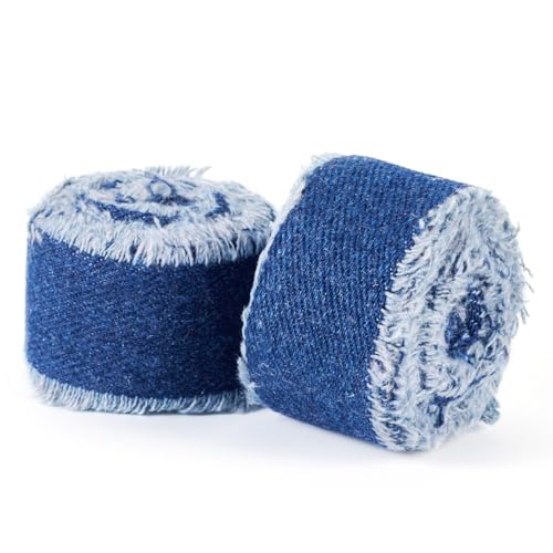 Boutigem 2 Rollen marineblaues Denim-Stoffband zum Basteln, 2,5 cm x 2 m, Fransen mit rohen Kanten, Denim-Stoff, Jeansstoff für DIY-Haarspangen, Kleidungszubehör, Nähdekoration von Boutigem