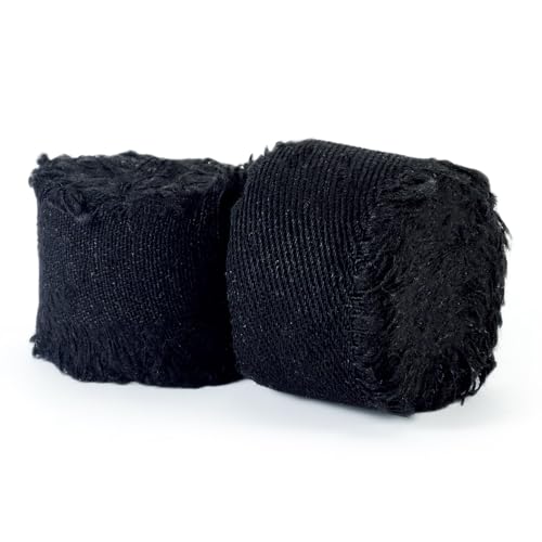 Boutigem 2 Rollen schwarze Fransen Raw Edged Denim Bänder zum Basteln, 2,5 cm x 2 Yards Fransen Stoff Denim Band, ausgefranste Baumwolle Jeans Stoff Band für DIY Haarspangen Nähen Geschenk Kleidung von Boutigem