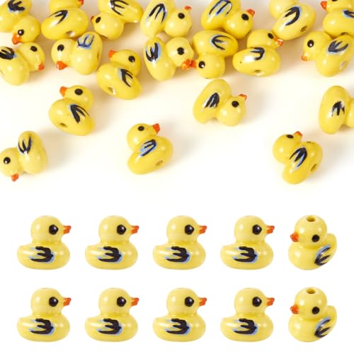 Boutigem 20 Stück gelbe Enten-Porzellan-Perlen, 12 mm, niedliche 3D-Enten-Tiere, handgefertigte Keramikperlen für DIY-Schmuckherstellung, Armband, Halskette, Perlenzubehör von Boutigem