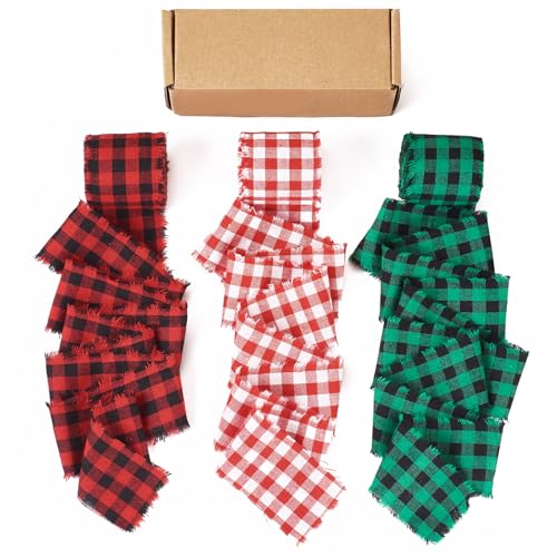 Boutigem 3 Rollen ausgefranstes Gingham-Band, traditionelles Schottenkaroband, kariert, rohe Kanten, für Weihnachtskranz, Schleifen, Heimdekoration, Rot / Grün von Boutigem