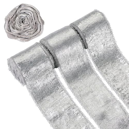 Boutigem 3 Rollen ausgefranstes Satin-Seidenband mit rohen Kanten, Samtband für selbstgemachte Schleifen, Blumenstrauß, Geschenkverpackung, Dekoration, grau von Boutigem