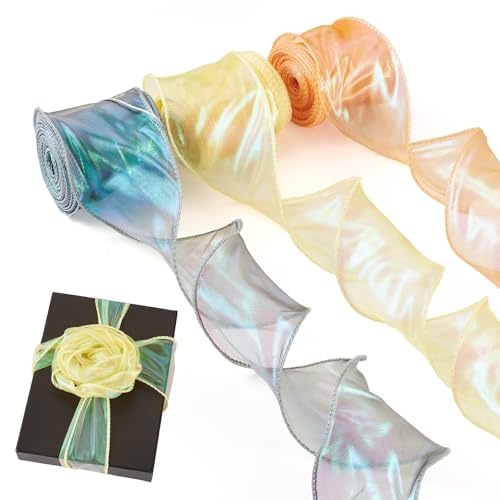 Boutigem 3 Rollen schillernde schimmernde Bänder, durchscheinendes Organza-Stoffband, Fischschwanz-Garn für Blumensträuße, Verpackung, Girlande, Hochzeit, Party, Dekoration, Weihnachtsbaumband von Boutigem