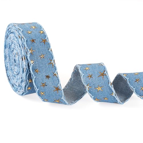 Boutigem 4,5 m Goldfolie Stern Stahl Blau Denim Band zum Basteln, 3D Stern Gold Stamping Denim Stoffband Jeans Stoff Band zum Nähen Herstellung Kleidung Dekoration DIY Schleife Haarspangen von Boutigem