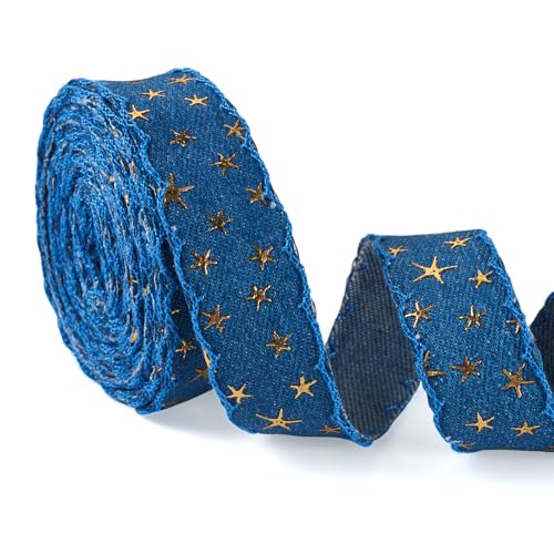 Boutigem 4,5 m marineblaues Goldfolien-Denimband für Kleidung, Accessoires, 3D-Stern-Goldprägung, Jeansstoffband, 2,5 cm Denim-Stoffband für Bastelarbeiten, Denim-Schleife, Haarspangen Nähen von Boutigem