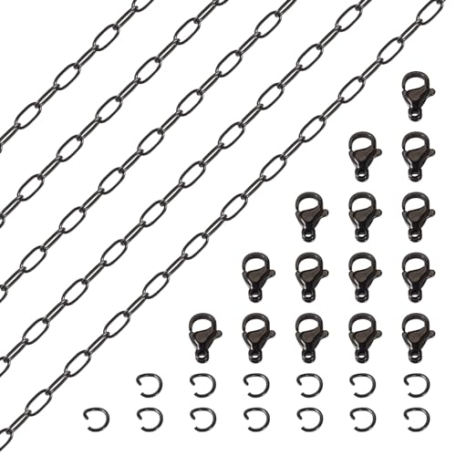 Boutigem 5 m schwarze Edelstahl-Büroklammer-Kette, Schmuck, Kreuzglieder-Ketten, ovale Gliederkette, Kettenrolle für DIY, Handwerk, Armband, Halskette, Set mit Sprungring, Karabinerverschluss von Boutigem