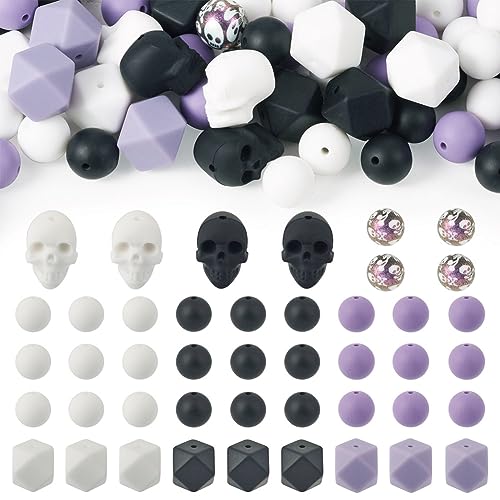 Boutigem 71 Stück Halloween-Silikonperlen für Ornamente, gemischte Farben, Totenkopf, sechseckig, runde Silikonperlen für DIY-Schmuck, Heimdekoration, Basteln von Boutigem