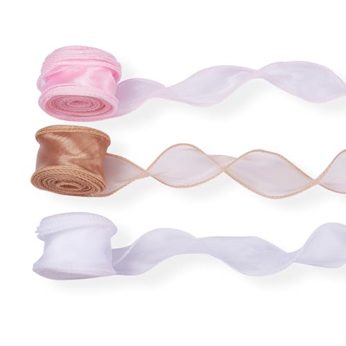 Boutigem Durchsichtiges Organza-Chiffonband, 40 mm, Drahtrand, schimmerndes Tüllband für selbstgemachte Haarschleifen, Blumenstrauß, Kränze, Verpackung, Hochzeitsdekoration, Rosa, Braun, 3 Rollen von Boutigem