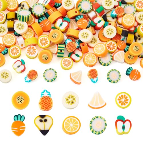 Boutigem Heishi-Ton-Perlen mit Fruchtmotiven, 10 Stile, Orange, Ananas, Banane, Karottenform, handgefertigte Polymer-Ton-Perlen für Heimwerker, Sommer, Strand, Schmuckherstellung, 100 Stück von Boutigem