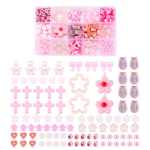 Boutigem Schmuckherstellungs-Set zum Selbermachen, gemischte Acrylperlen, Polymer-Ton-Perlen, Zubehör für Armband, Halskette, Ohrringe, Basteldekoration, Rosa von Boutigem