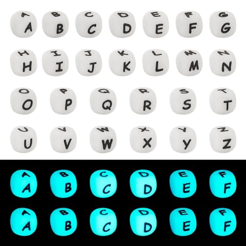 Boutigem Silikon-Buchstabenperlen, A-Z, 12 mm, würfelförmig, Alphabet-Perlen, leuchtet im Dunkeln, Silikonperlen für DIY-Schmuckherstellung, Basteln, 52 Stück von Boutigem