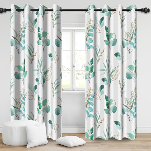 Bovlleetd Eukalyptus Verdunkelungsvorhänge, Salbei Mint Grün Gold Botanische Blätter Fenster Vorhänge Pflanze Floral Polyester Thermisch Isolierte Vorhänge für Home Wohnzimmer, 2 Panels 140x145cm von Bovlleetd