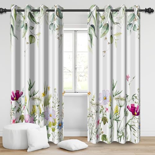 Bovlleetd Pflanzen Blumen Verdunkelungsvorhänge, Polyester grüne Blätter Zweige Bunte Blumen Fenster Vorhänge Botanische Blätter Floral Vorhänge für Home Wohnzimmer Vorhang, 2 Panels 117x138cm von Bovlleetd