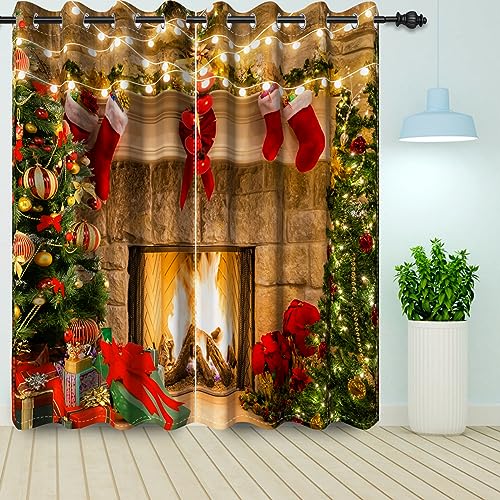 Bovlleetd Weihnachten Kamin Fenster Vorhänge Xmas Baum Rot Weihnachten Socken Silvester Party Vorhang Baby Schlafzimmer Verdunkelung Fenster Vorhänge 2 Stück 140x145cm von Bovlleetd