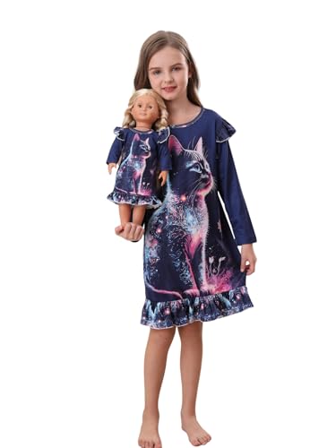 Bow Dream Kleinkind-Mädchen-Casual-Kleid, süße Katze mit passender amerikanischer Puppe, Kleidung für Mädchen, Marineblau, Marineblaue Katze, 5-6 Jahre von Bow Dream