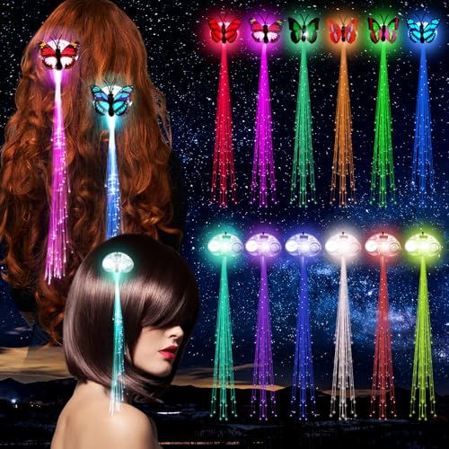 Bowasin 12 stück LED Blinkendes Haargeflecht,LED-Haarschmuck,Mitgebsel Kindergeburtstag,Haarsträhnen Bunte Einklipsen,Schmetterling Haarklammer für Led Haarreif Neon Party Geschenke in the Dark von Bowasin