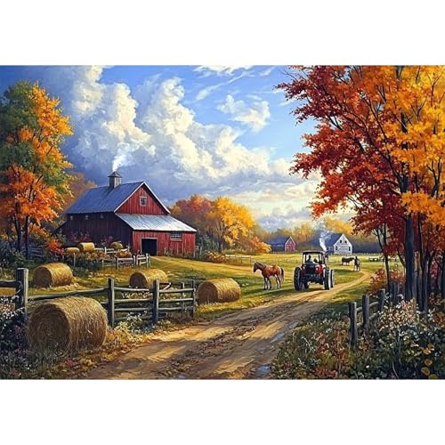 Bowetile 5D Diamond Painting Bilder Landschaft, Berg-Ranch Diamond Painting Set für Erwachsene und Kinder, Komplettes DIY Pferd Diamond Art Malen Stickset für Kreuzstichbilder, Wohnkultur 40x30 cm von Bowetile