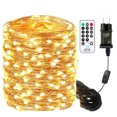 10M LED Lichterkette aus Kupferdraht 100LEDs Warmweiß Lichterkette mit Stecker und Fernbedienung, Wasserdicht IP65, Innen Außen Deko für Weihnachten Hochzeit Garten Party von Bowfar