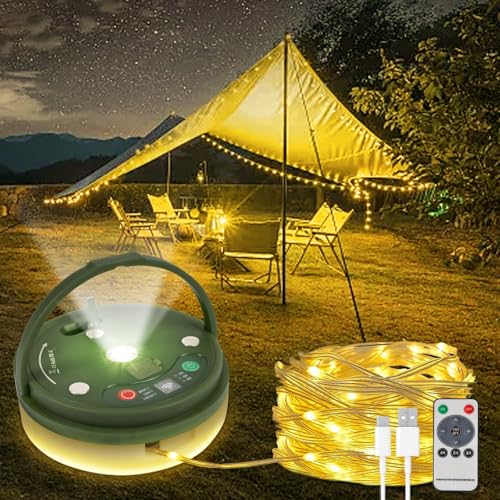 Bowfar Camping Lichterkette Aufrollbar, 10M 130 LED Lichterkette Außen mit Fernbedienung und USB Wiederaufladbare, 3-in-1 Alpenwolken Tragbare Campinglampe Taschenlampe für Camping Zelt Wandern Hof von Bowfar