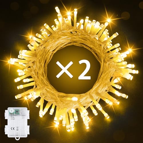 Bowfar Lichterkette Außen Batterie, 10M 100LED Warmweiß Lichterkette mit 6h Timer, IP65 Wasserdicht Lichterkette Batterie für Innen Zimmer Party Weihnachten Outdoor (2 Stücke, Durchsichtigen Kabel) von Bowfar