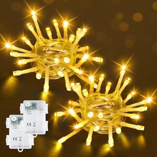 Bowfar Lichterkette Außen Batterie, 2M 20LED Warmweiß Lichterkette mit 6h Timer, IP65 Wasserdicht Lichterkette Batterie für Innen Zimmer Party Weihnachten Outdoor (2 Stücke, Durchsichtigen Kabel) von Bowfar