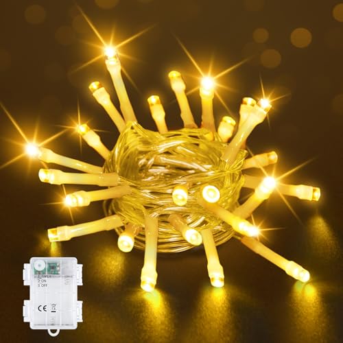 Bowfar Lichterkette Außen Batterie, 2M 20LED Warmweiß Lichterkette mit 6h Timer, IP65 Wasserdicht Lichterkette Batterie für Innen Zimmer Party Weihnachten Outdoor Camping (Durchsichtigen Kabel) von Bowfar