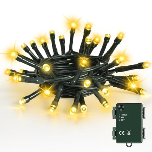 Bowfar Lichterkette Außen Batterie, 2M 20LED Warmweiß Weihnachtsbeleuchtung mit Timer, IP65 Wasserdicht Lichterkette Weihnachtsbaum für Innen Garten Hochzeit Party Weihnachten (Grünes Kabel) von Bowfar