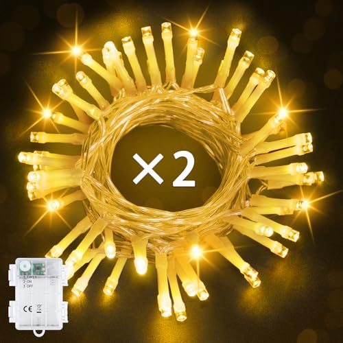 Bowfar Lichterkette Außen Batterie, 5M 50LED Warmweiß Lichterkette mit 6h Timer, IP65 Wasserdicht Lichterkette Batterie für Innen Zimmer Party Weihnachten Outdoor (2 Stücke, Durchsichtigen Kabel) von Bowfar