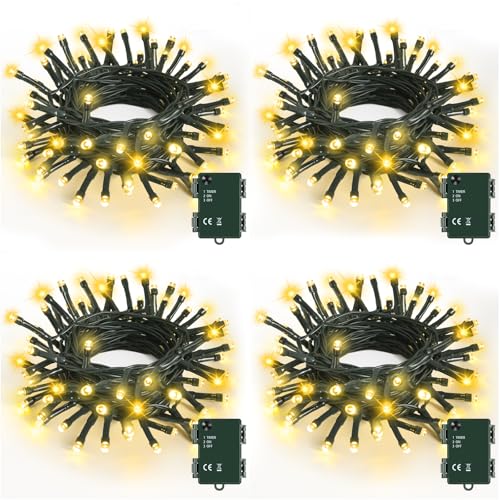 Bowfar Lichterkette Außen Batterie, 5M 50LED Warmweiß Weihnachtsbeleuchtung mit Timer, IP65 Wasserdicht Lichterkette Weihnachtsbaum für Innen Garten Hochzeit Party Weihnachten (4 Stücke, Grünes Kabel) von Bowfar