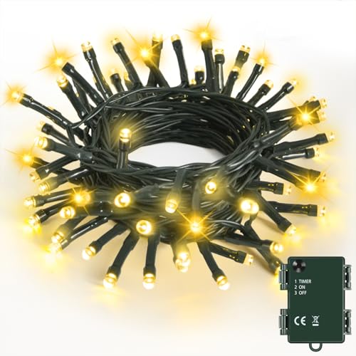 Bowfar Lichterkette Außen Batterie, 5M 50LED Warmweiß Weihnachtsbeleuchtung mit Timer, IP65 Wasserdicht Lichterkette Weihnachtsbaum für Innen Garten Hochzeit Party Weihnachten (Grünes Kabel) von Bowfar