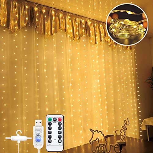 Bowfar Lichtervorhang 3x3m 300 LED Lichterkette IP68 Wasserdicht Lichterketten Vorhang 8 Modi mit Fernbedienung Memory Funktion für Innen und außen Deko Weihnachten Party (Warmweiß) von Bowfar