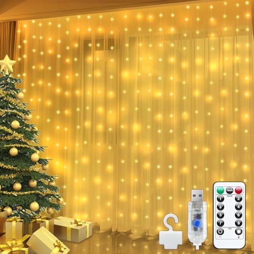 Bowfar Lichtervorhang innen 3x3m, 300 LEDs USB Lichterketten Vorhang 8 Modi mit Fernbedienung Memory-Funktion IP65 Wasserdicht Lichterkette für Innen Außen Deko Weihnachten Hochzeit Party, Warmweiß von Bowfar