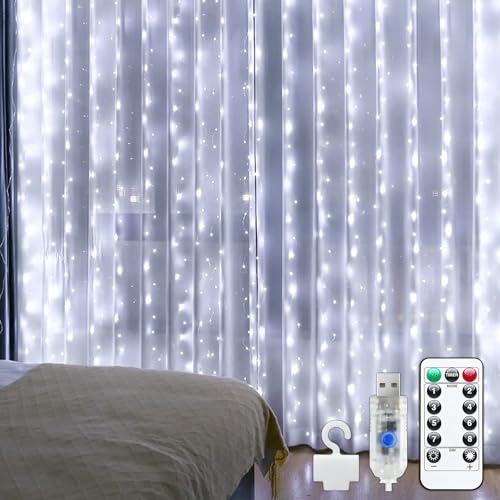 Bowfar Lichtervorhang innen 3x3m, 300 LEDs USB Lichterketten Vorhang 8 Modi mit Fernbedienung Memory-Funktion IP65 Wasserdicht Lichterkette für Innen Außen Deko Weihnachten Hochzeit Party, Kaltweiß von Bowfar