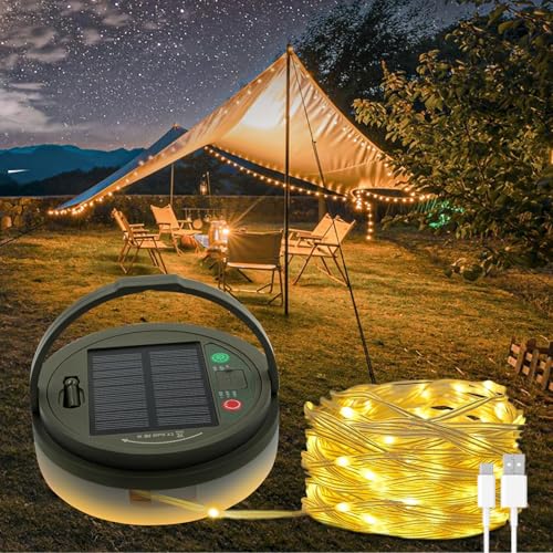 Bowfar Solar Camping Lichterkette Aussen, 10M 132 LED Camping Lichterkette Aufrollbar mit USB Wiederaufladbare, 2-in-1 Alpenwolken Tragbare Campinglampe Solar für Outdoor Camping Wandern Garten von Bowfar