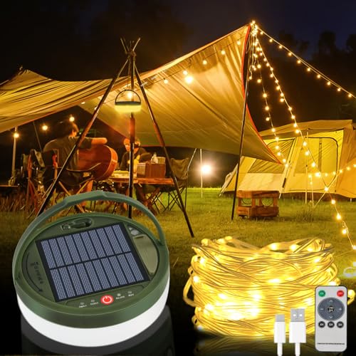 Bowfar Solar Camping Lichterkette Aussen 10M, 3600mAh Aufrollbar Campinglampe Solar mit Fernbedienung und USB Wiederaufladbare von Bowfar