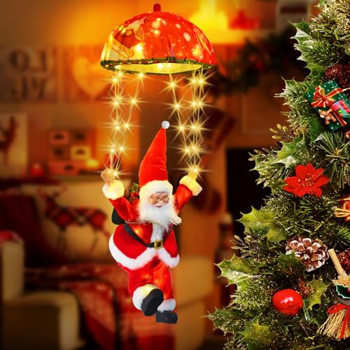 Bowfar Weihnachtsmann Fallschirm Lichterkette, 8 Modi 70LEDs Weihnachtsbeleuchtung Außen mit Santa, Timer, Fernbedienung, Warmweiß Lichterkette Außen Strom für Weihnachtsbaum Fenster Weihnachtsdeko von Bowfar