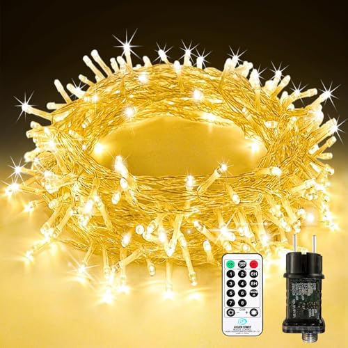 LED Lichterkette Außen Strombetrieben, 10M 100 LED Lichterkette Weihnachten mit Fernbedienung Timer Merkfunktion, 8 Modi IP65 Wasserdicht für Innen Außen Garten Party Hochzeit Weihnachtsdeko, Warmweiß von Bowfar