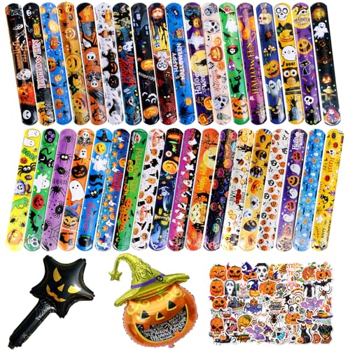 36Pcs Snap Armbänder Halloween Set für Kinder, mit Party Aufkleber 50, Kindergeburtstag Partygeschenke, Kindergeschenke (36Pcs Snap Bracelet+ 50Pcs Aufkleber+1 Schwarzer Stern-Ballon +1 Kürbis-Ballon) von Boyigog