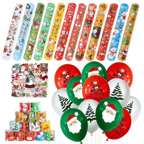 Boyigog Slap Bracelets Weihnachten Set, mit 24 Weihnachten Prints Snap Bands, 50 Aufkleber, 12 Weihnachten Ballons, Party Favours Slap Band für Kinder Party Bag Fillers, Weihnachten Party Dekoration von Boyigog