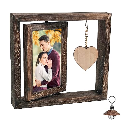 Bilderrahmen Holz, Holz Drehbare Fotorahmen, Bilderrahmen Hochzeit, hält 2 Fotos 15x10cm, mit Holz Herz und ein Kleines Licht, für BüRo Deko, Zuhause, Schreibtisch von Bqweun