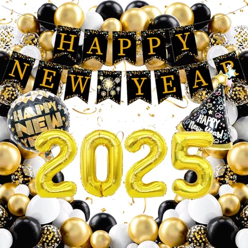 BraMccer Silvester Deko 2025 XXL Dekoration Set,Neujahr Silvesterdeko,2025 Mega Folienballon,Happy New Year Banner,Konfetti Ballons,Schwarz Gold Neujahrsdeko,Silvesterpartydeko für Silvesterparty von BraMccer