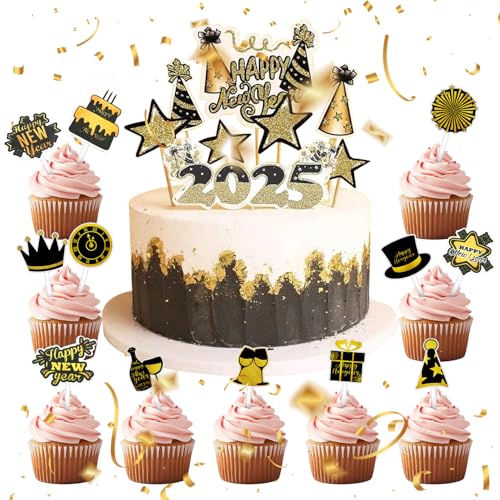 Neujahr Cupcake Topper,Happy New Year Cupcake Topper Glitter 2025 Cake Topper,Schwarz Gold Frohes Neues Jahr Cupcake Toppers für Silvester Party 2025 Thema Party Dekoration Zubehör(20 Stück) von BraMccer