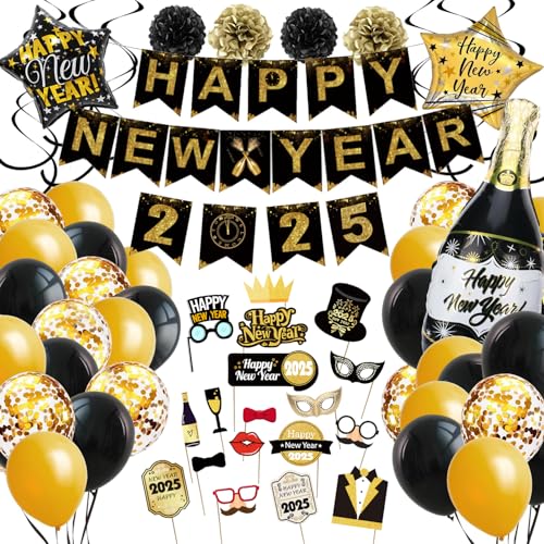 Silvester Deko 2025 Dekoration Set, Neujahr Silvesterdeko,Schwarz Gold Neujahr Deko 2025 Happy New Year Banner,Folienballons,Foto Requisite,Konfetti Ballons,Neujahrsdeko,Silvesterpartydeko Accessoire von BraMccer