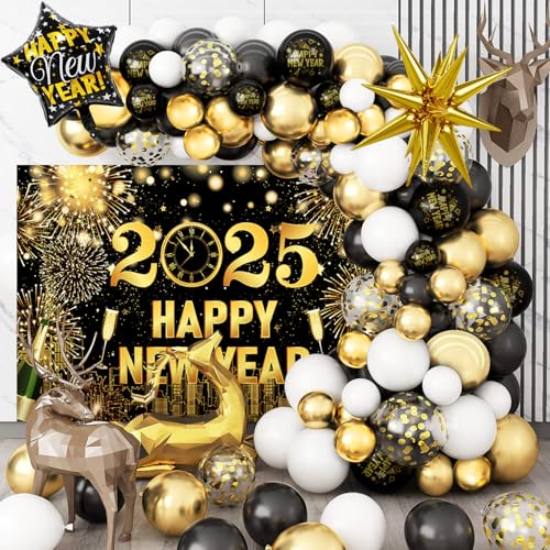 Silvester Deko 2025 Schwarz Gold Neujahr Deko 2025 Mega Happy New Year Banner Neujahr Silvesterdeko Folienballons Konfetti Ballons Neujahrsdeko Silvesterpartydeko Accessoire für Silvesterparty von BraMccer