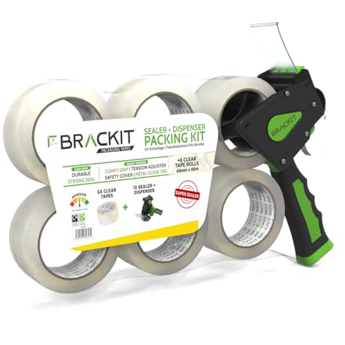 Paketklebeband Transparent - 6 St - Mit Profi Abroller - 48mm-Breit; 66m-Lang - Klebeband, Paketband, Packband - Prämie 50mic; Mit Starke Stabiler klebebandabroller (Brackit - Premium Qualität) von Brackit