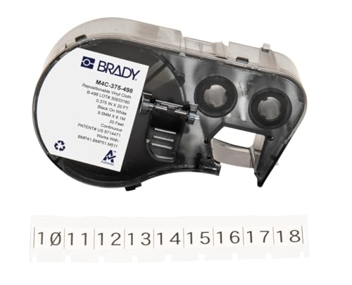 Brady Repositionierbares Vinyl-Kabeletiketten-Band für Etikettendrucker BMP41/BMP51/BMP53/M511 - Selbstklebende Vinyl-Drucker-Etiketten - Schwarz auf Weiß (9.53 mm x 6.10 m) - M4C-375-498 von Brady