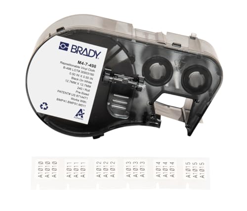 Brady Repositionierbare Vinyl-Vorgefertigte Etiketten für Etikettendrucker BMP41/BMP51/BMP53/M511-240 Selbstklebende Vinyl-Drucker-Etiketten - Schwarz auf Weiß (12.70 mm x 12.70 mm) - M4-7-498 von Brady