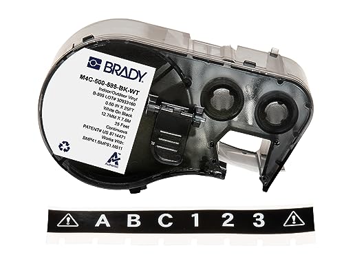 Brady Vinyl-Etikettenband für Etikettendrucker BMP41/BMP51/BMP53/M511 – Selbstklebende Druckeretiketten – Weiß auf Schwarz (12,70 mm (B) x 7,62 m (L)) – M4C-500-595-BK-WT von Brady