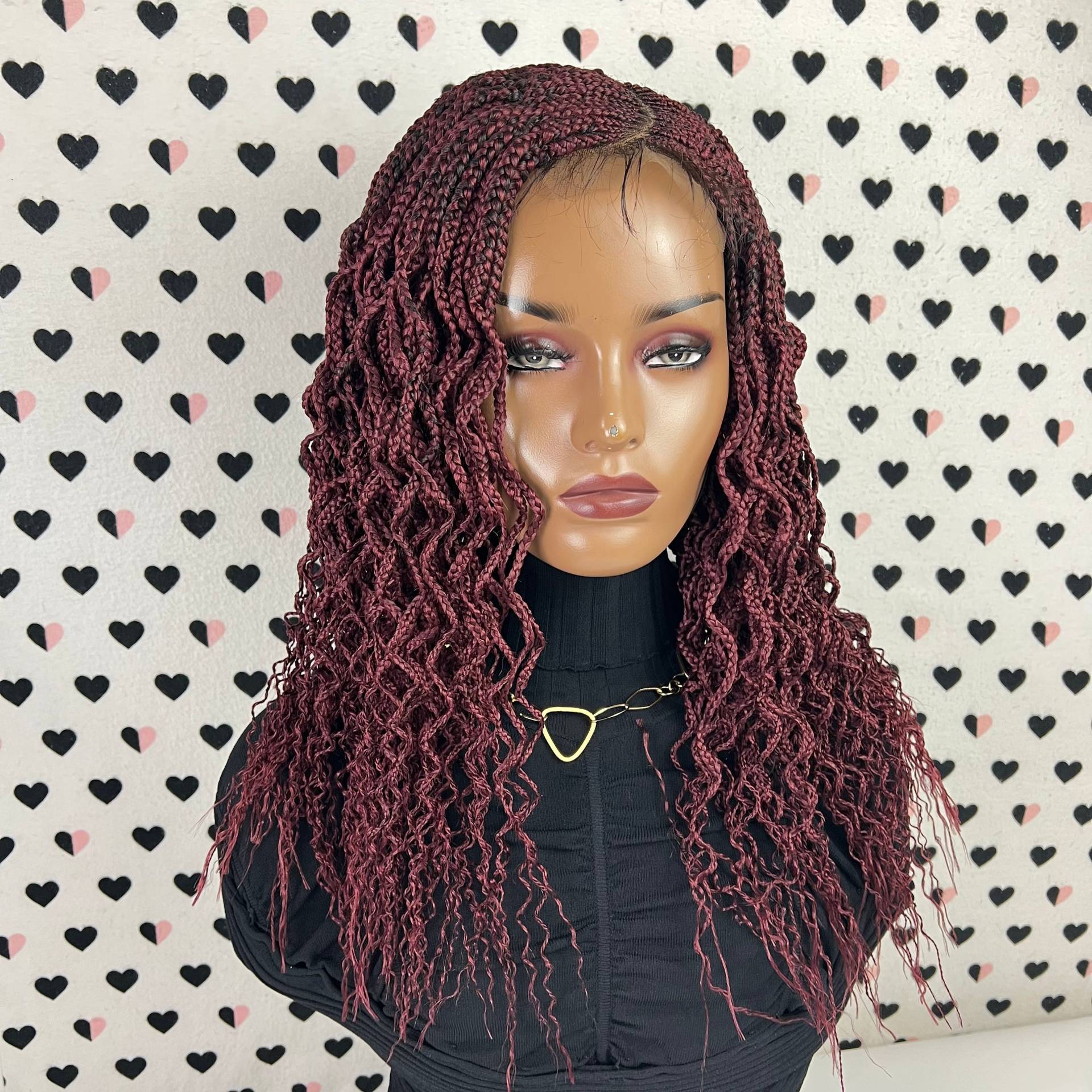 Cornrows Curly Box Geflochtene Perücken Für Schwarze Frauen Spitze Verschluss Perücke Göttin Boho Braid Burgund Rot 16 Zoll von BraidsLaceWig